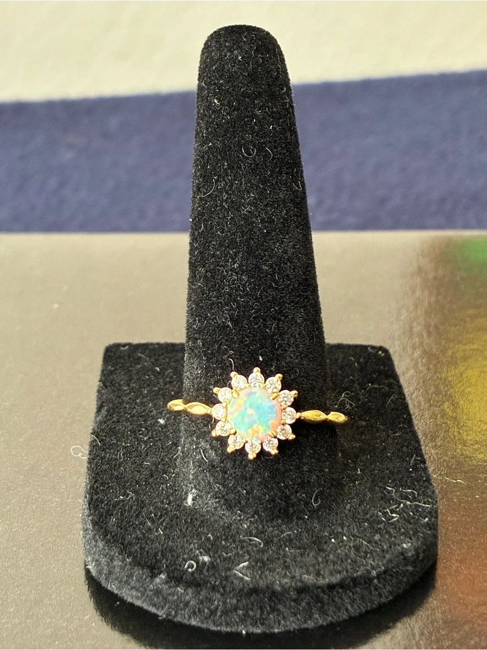 925 Sterling Silver Gold Tone  Opal Halo Ring Sz 9- White Opal